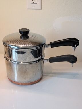 Revere Ware 3 Qt Copper Bottom Stainless Sauce Pan Fry Pot Steamer 3pc